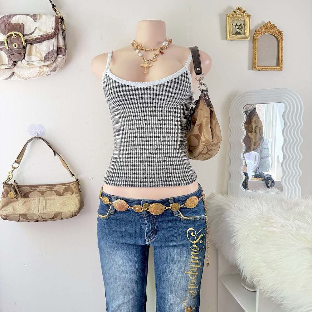 Blue Plate Vintage Y2K Gingham Print Lace Trim Cami Tank Top